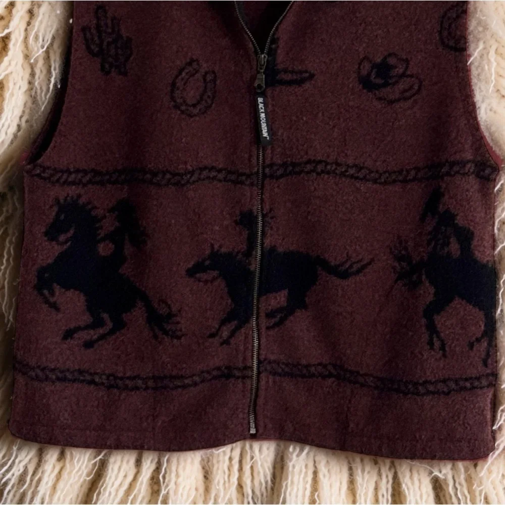 VTG 90s Black Mountain wool blend,Pile Fleece Full Zip Jacket Vest Horse 🐎 print